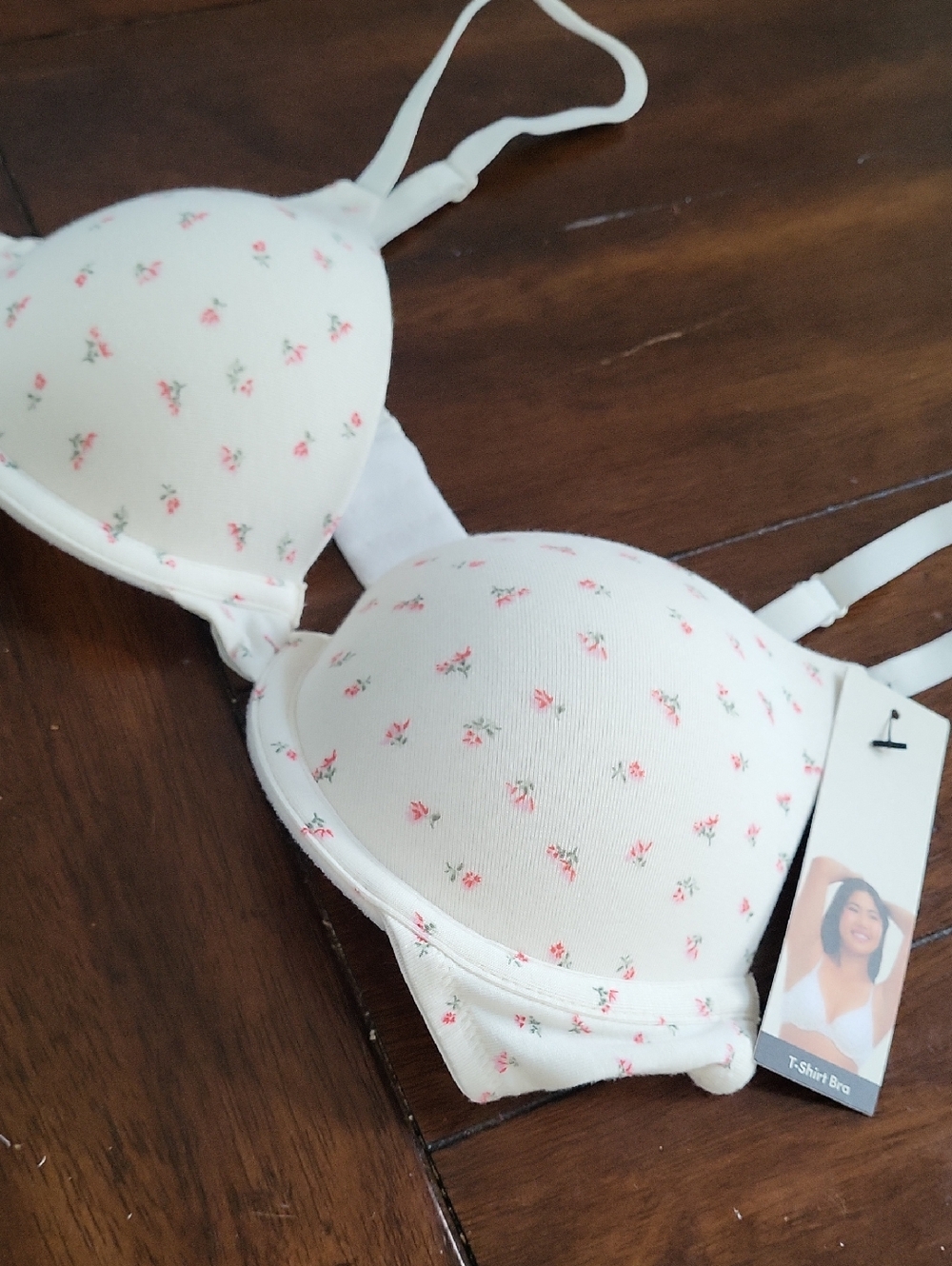No Boundaries Cream T-Shirt Bra with Pink Floral Print 34A
